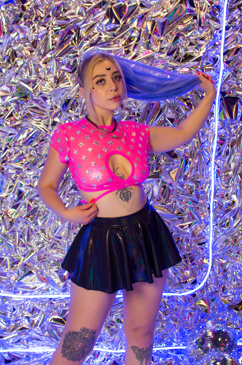 Scarlet Wrap Crop Top - Pink Star Mesh