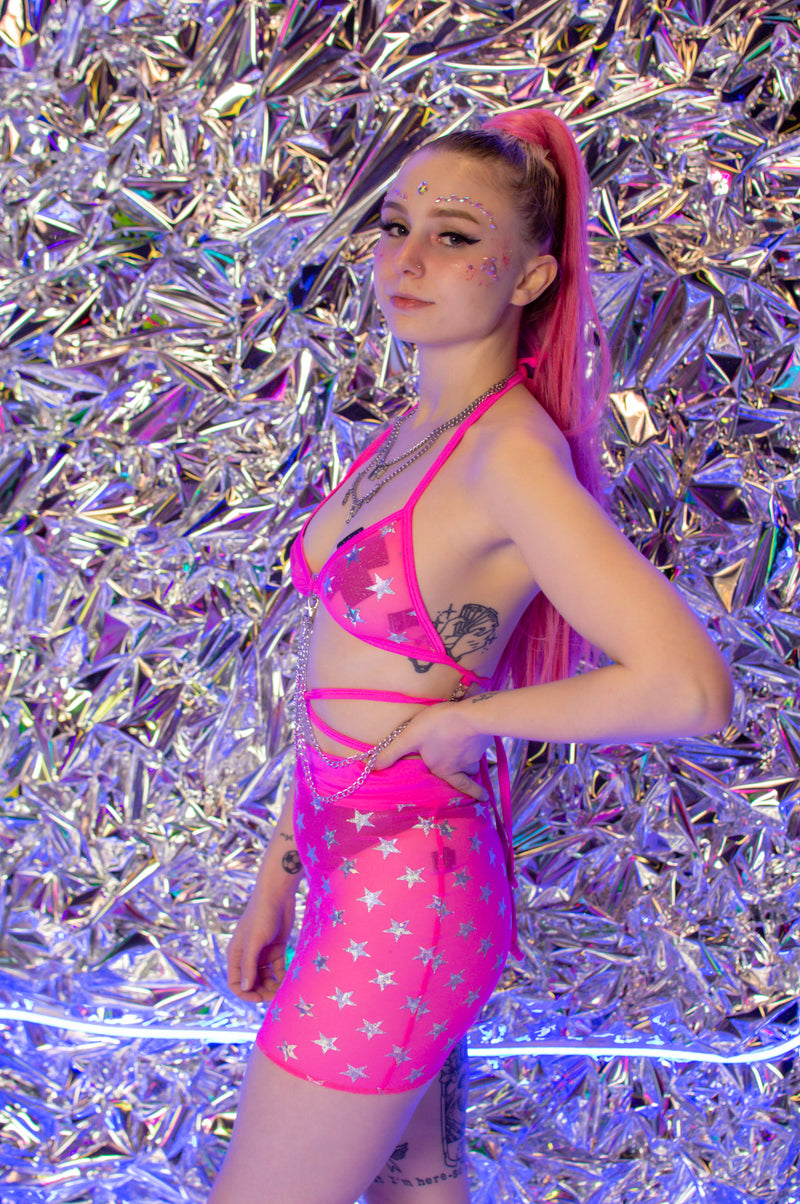 Your Fantasy Mini Skirt - Pink Star Mesh
