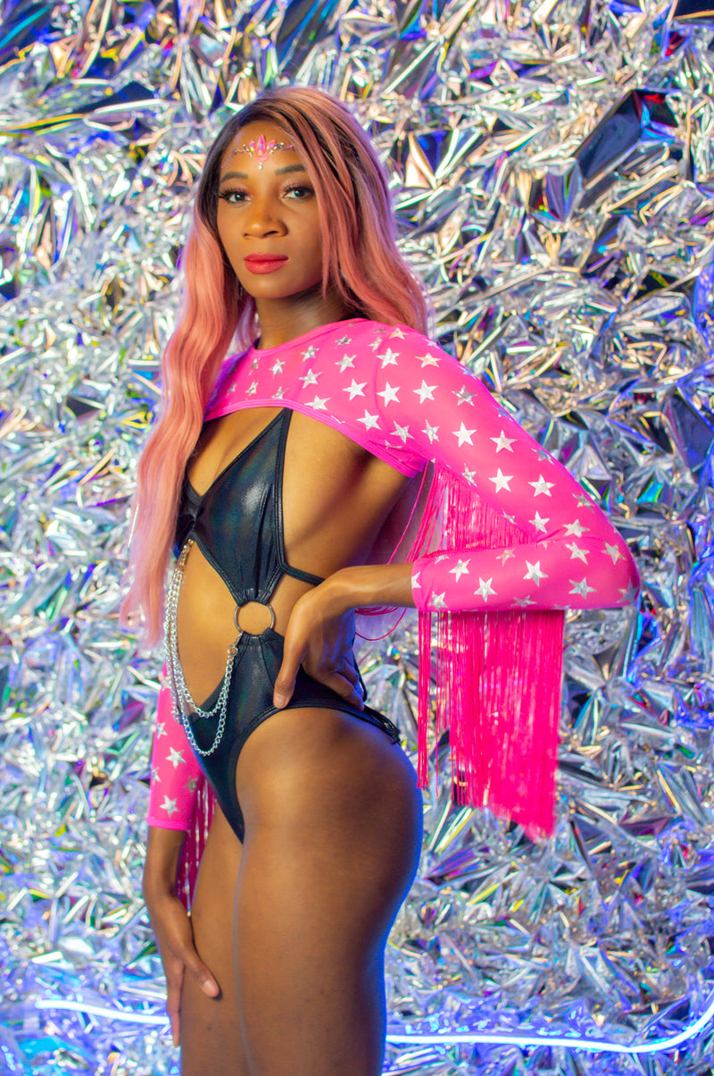 Stardust Fringe Shrug - Pink Star Mesh